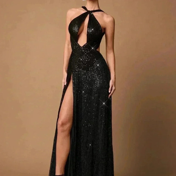 Black Elegant Womens Glitter Sequin Party Dress with Hollow Tie-Up Design & Slit - Picture 8 of 9